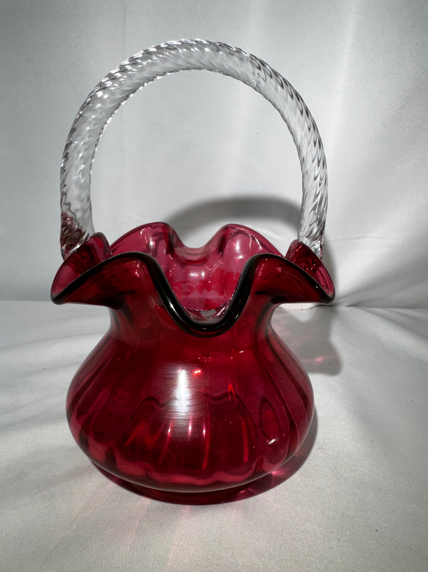 Fenton Art Glass Cranberry Basket Mary Gregory Child on Swing Hand-Painted #790/1500 Signed