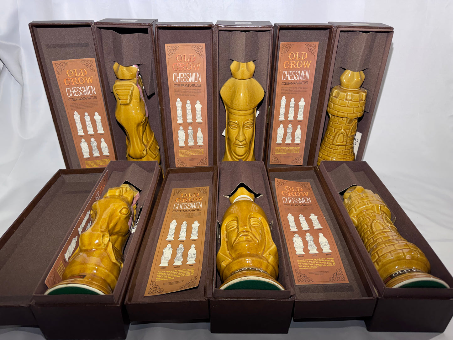 1969 Old Crow 10-Year Bourbon Chessmen Decanters Set 6 Gold Pieces Original Box