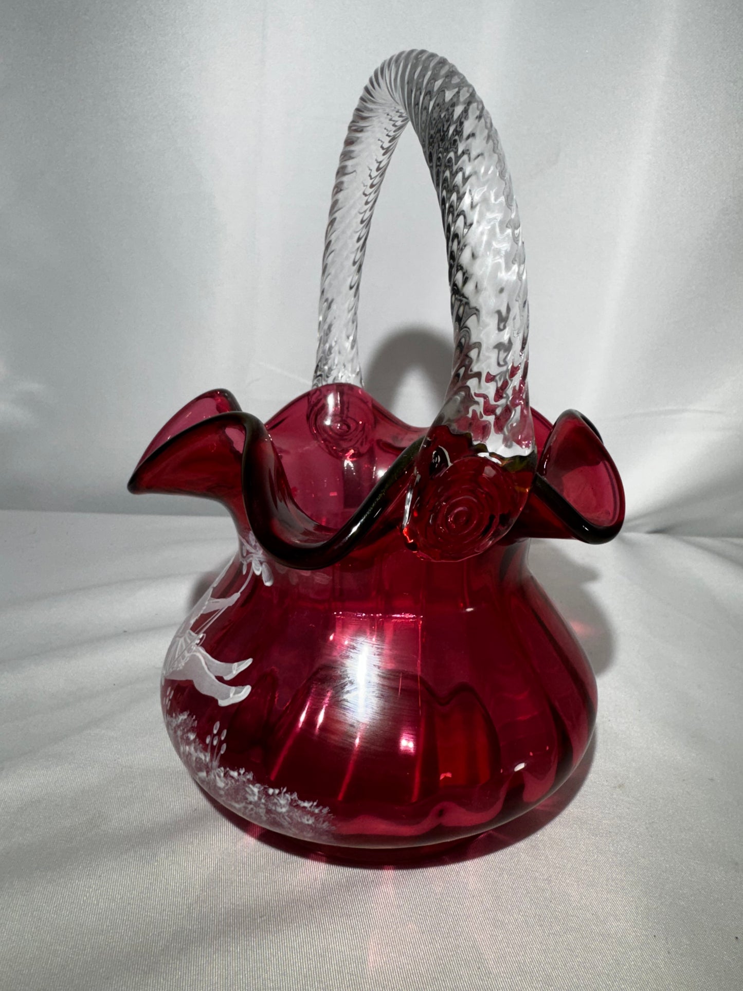 Fenton Art Glass Cranberry Basket Mary Gregory Child on Swing Hand-Painted #790/1500 Signed