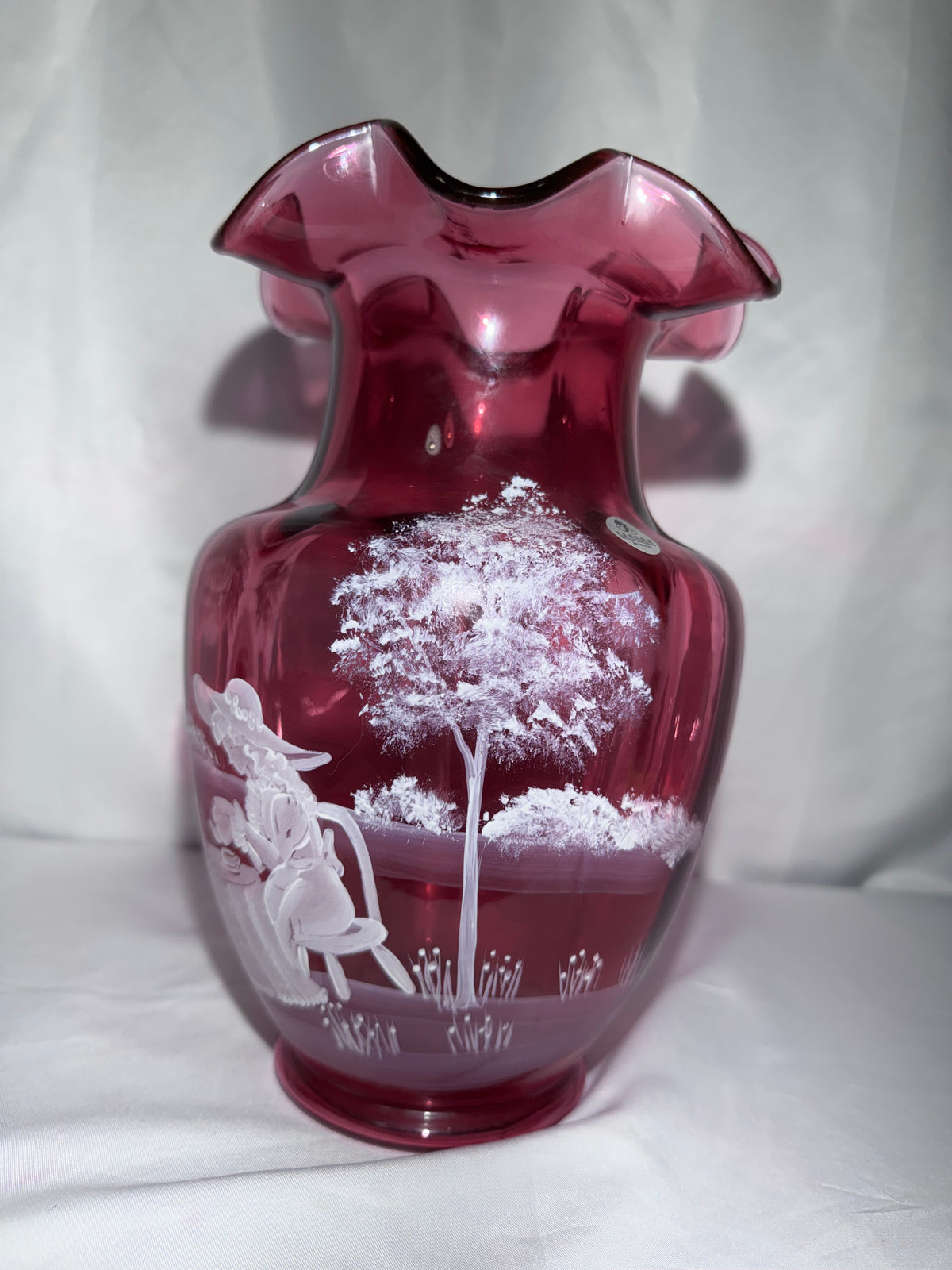 Fenton Cranberry Glass Mary Gregory-Style Hand-Painted Tea Party Ruffled Rim 10” Vase – Limited Edition #1783/2350