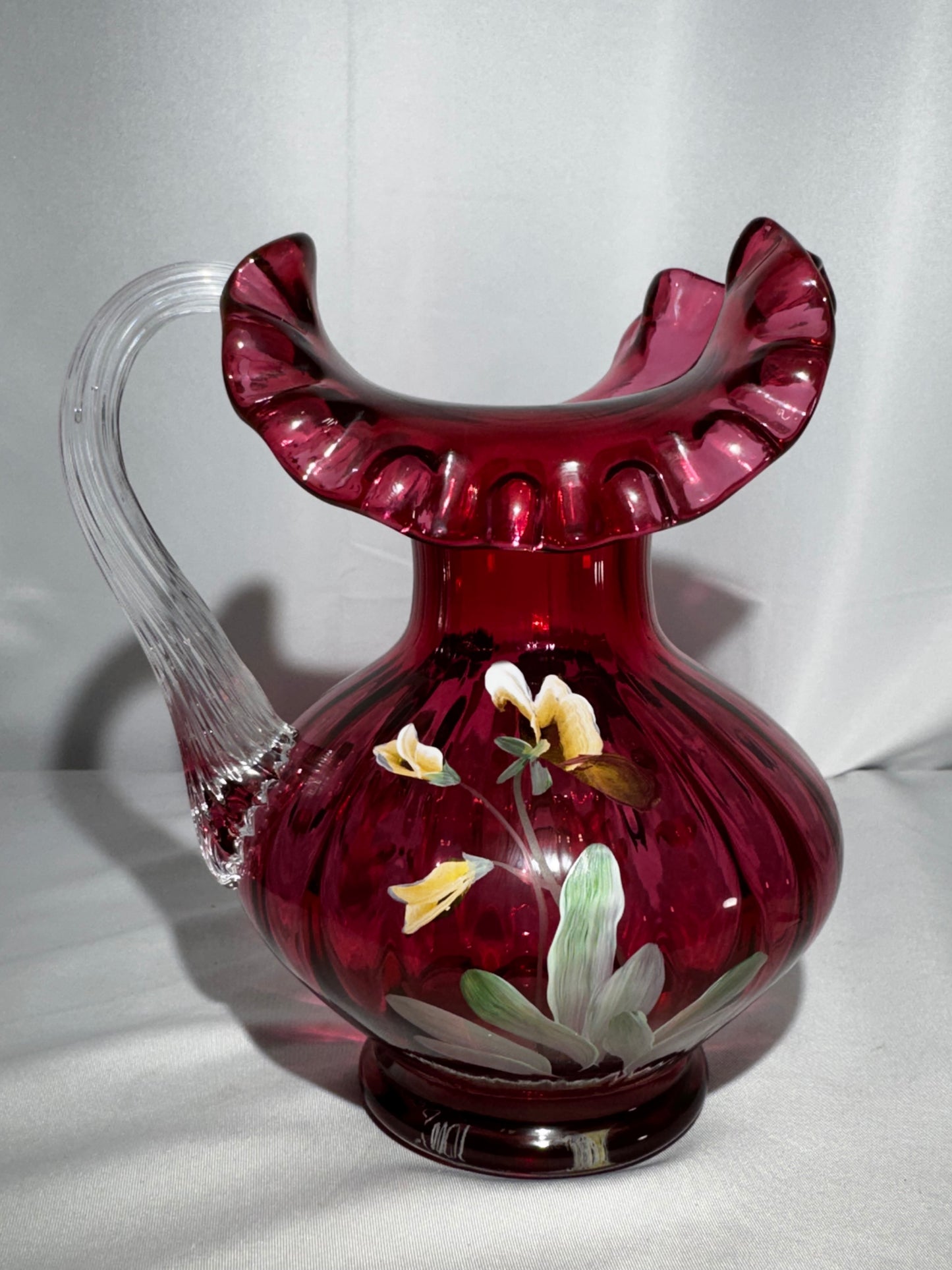 Fenton Art Glass Cranberry Pansy Pitcher 1994 Signed George & Frank M Fenton #279 Hand Painted