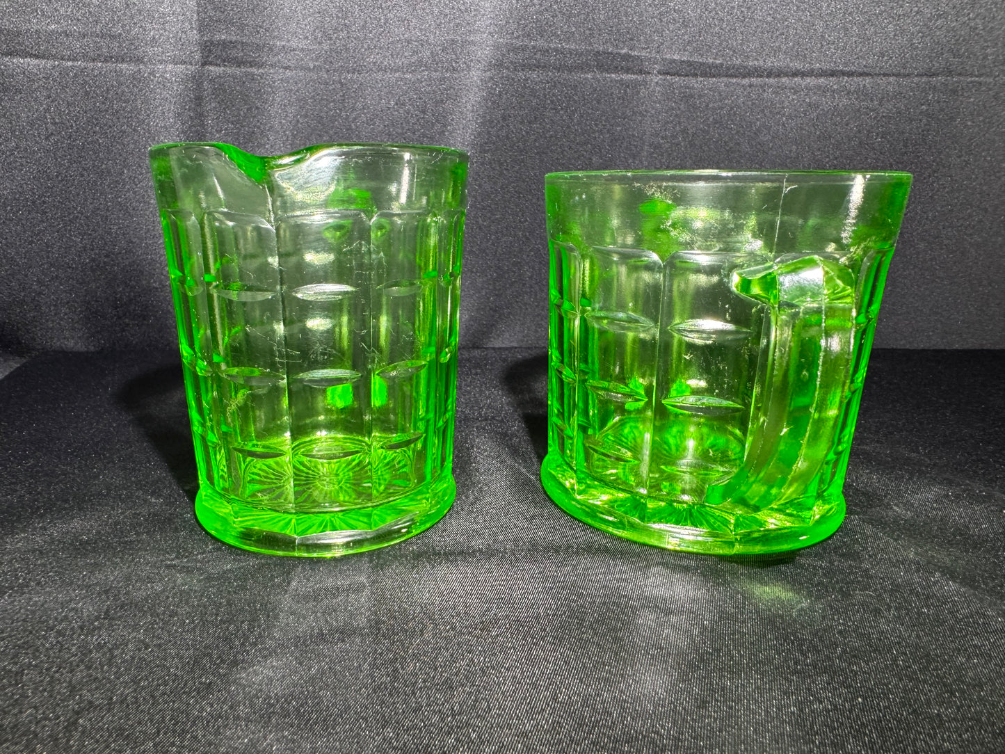 Vintage Hazel Atlas Colonial Block Green Uranium Depression Glass Creamer & Sugar Set