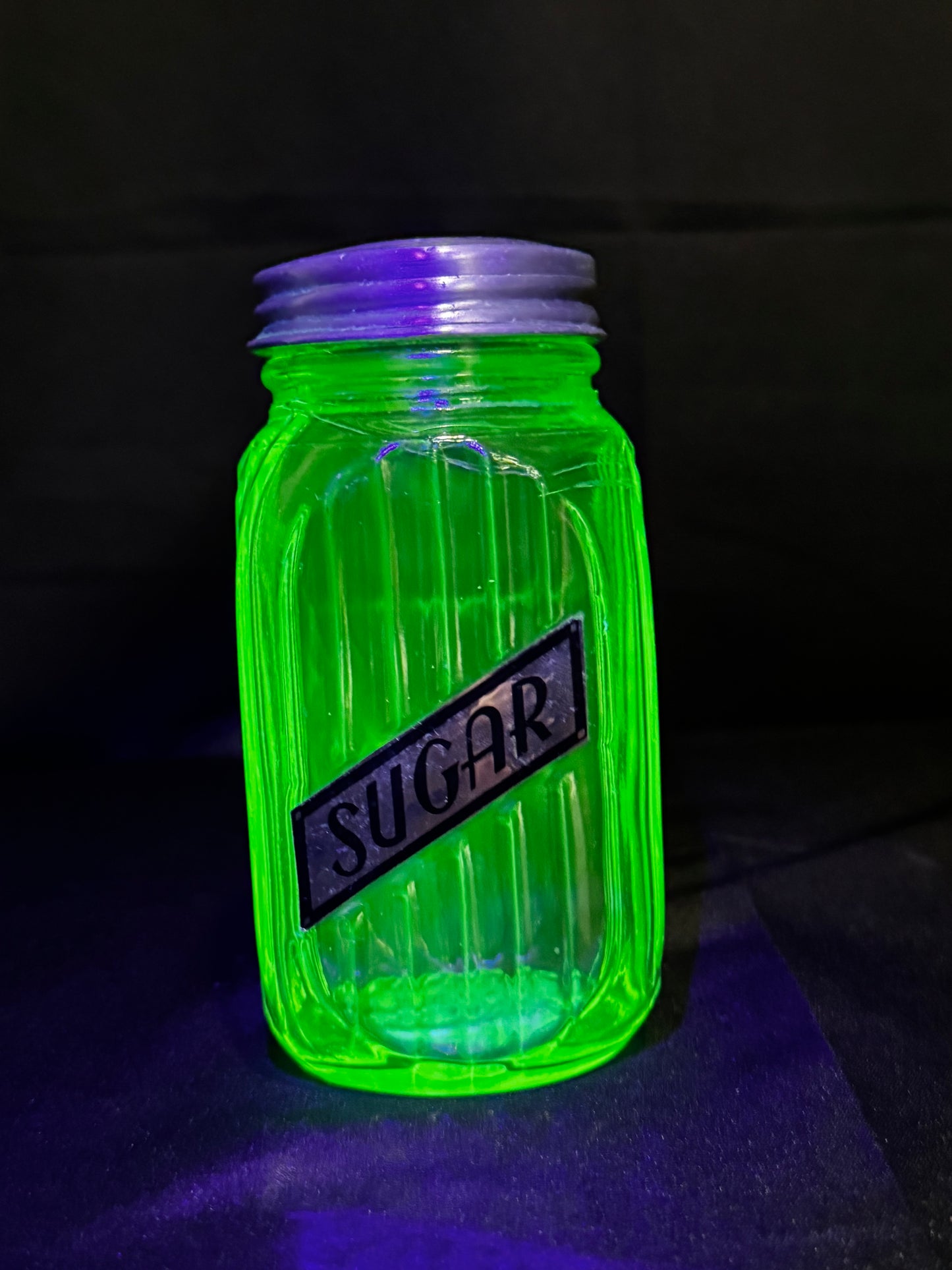 Vintage Anchor Hocking Uranium Glass SUGAR Shaker Ribbed Hoosier Jar w/ Metal Lid