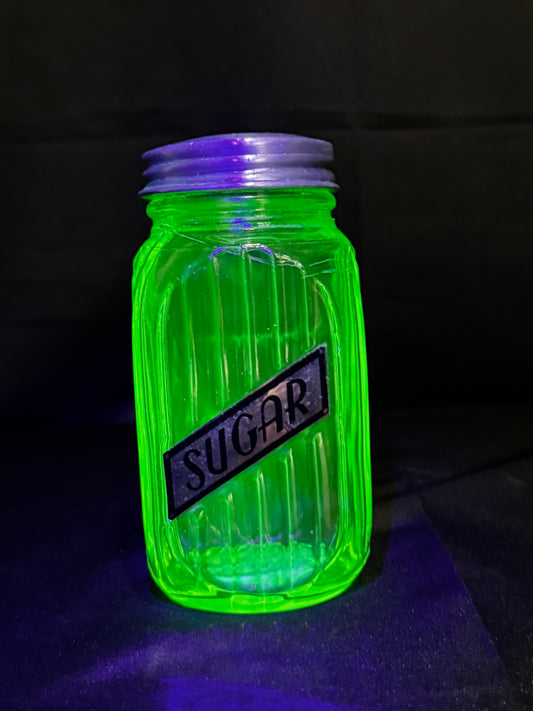 Vintage Anchor Hocking Uranium Glass SUGAR Shaker Ribbed Hoosier Jar w/ Metal Lid