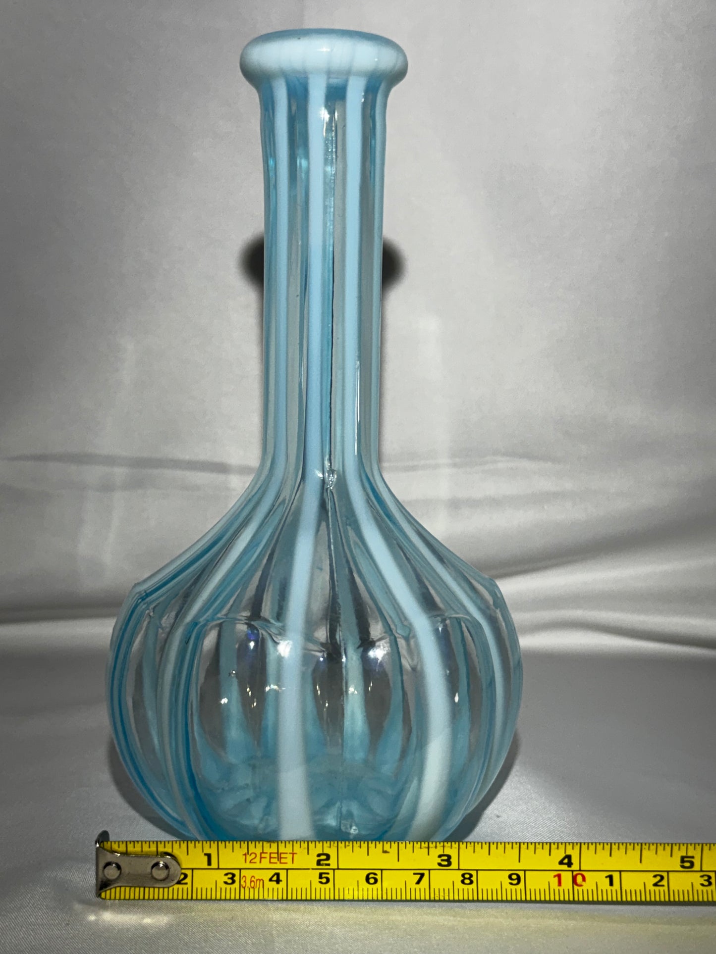 Antique EAPG Blue & White Stripe Barber Bottle Melon Base 7.5”