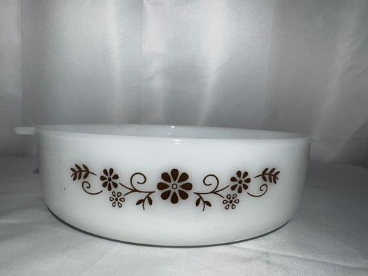 Vintage Dynaware Pyr-O-Rey Milk Glass Casserole Baking Dish #15 Brown Daisy Floral