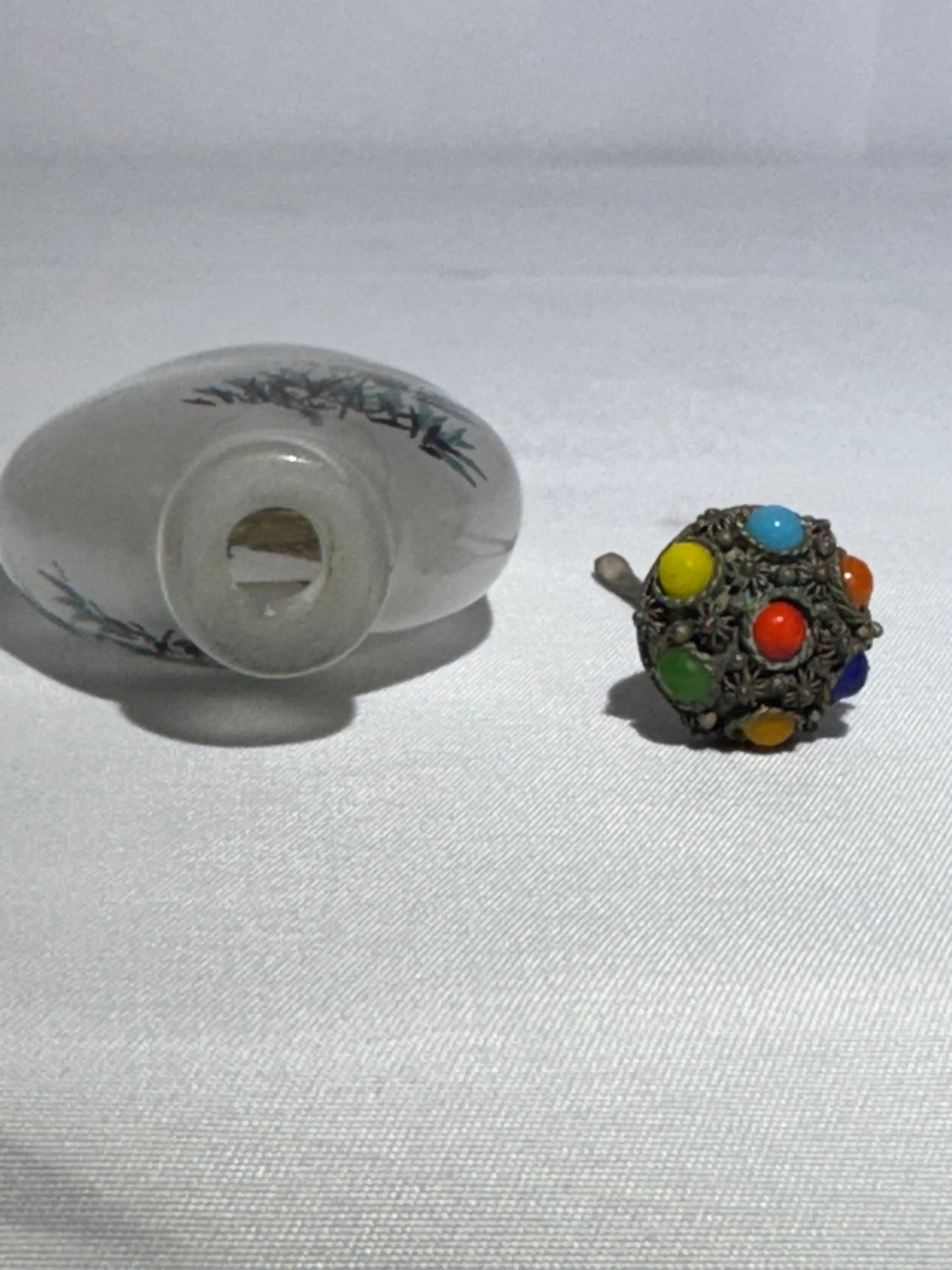 Antique Chinese Inside Painted Glass Snuff Bottle – Dual Crane Design – Jeweled Metal Topper