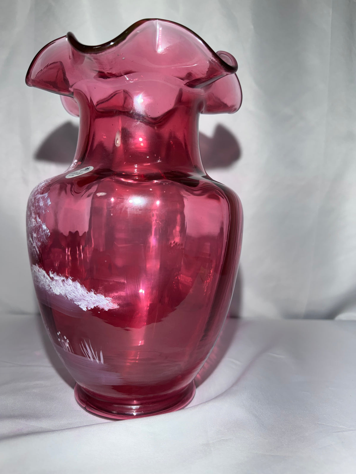 Fenton Cranberry Glass Mary Gregory-Style Hand-Painted Tea Party Ruffled Rim 10” Vase – Limited Edition #1783/2350