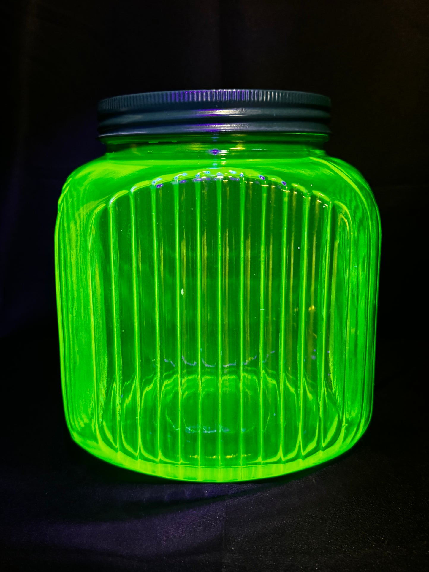 Vintage 1930s Uranium Glass Hoosier Cookie Canister w/ Green Lid & Original Sticker UV Glow
