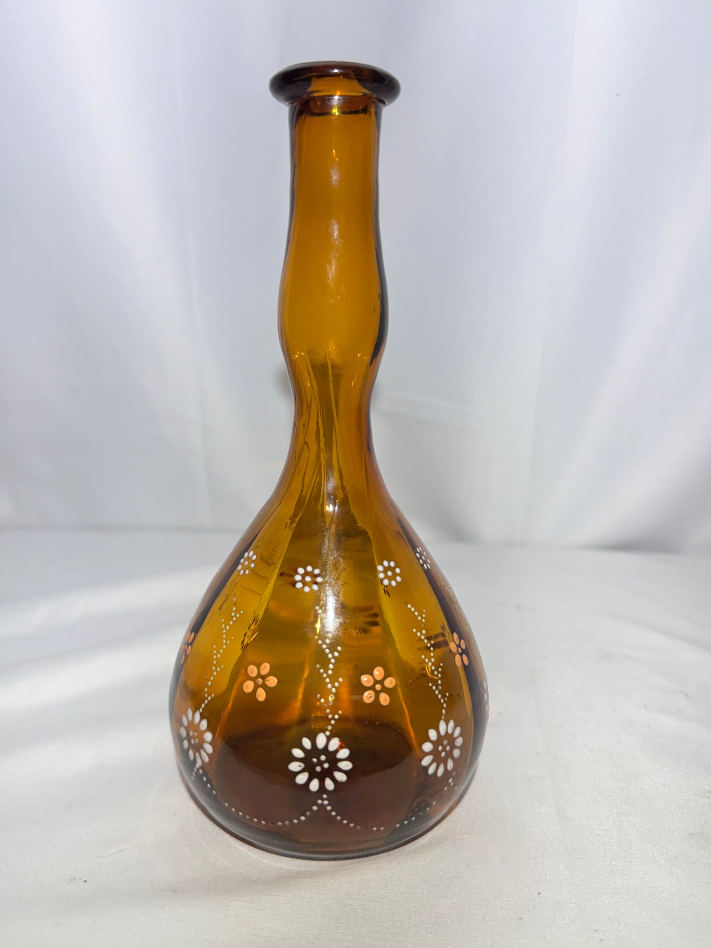 Antique Amber Glass Barber Bottle – Hand-Enameled Floral Design