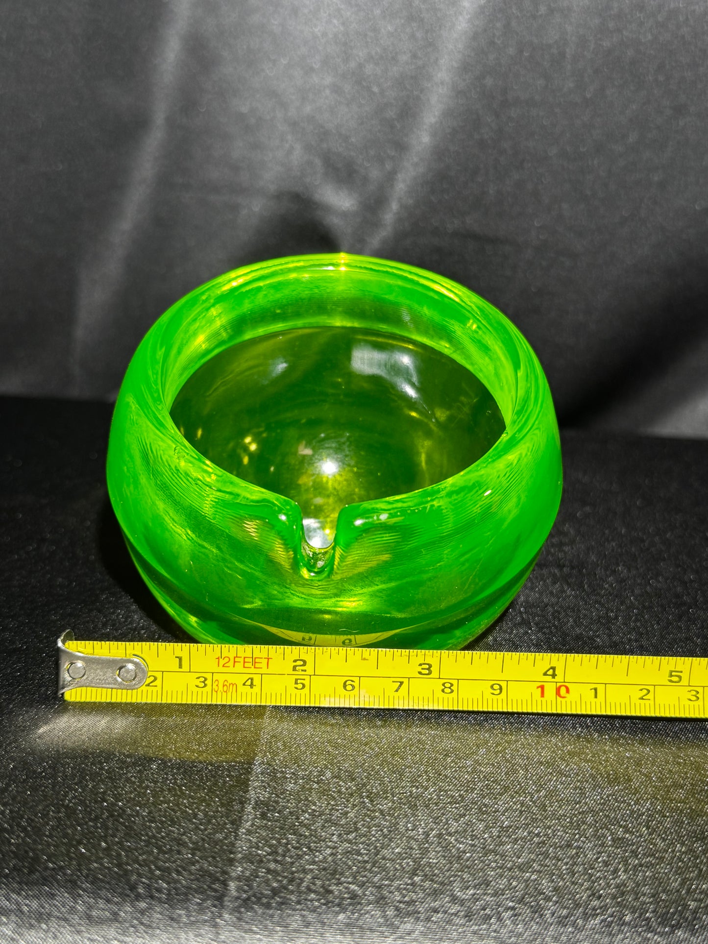 Vintage Viking Uranium Glass Orb Ashtray UV Reactive Green MCM 3.5” Glow Glass￼