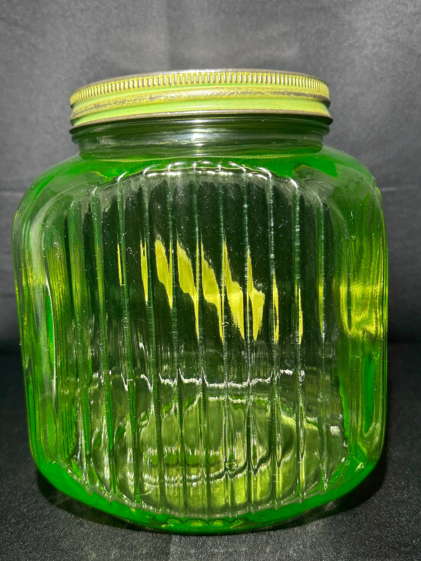Vintage 1930s Uranium Glass Hoosier Cookie Jar Canister Green Ribbed UV Reactive w/Lid