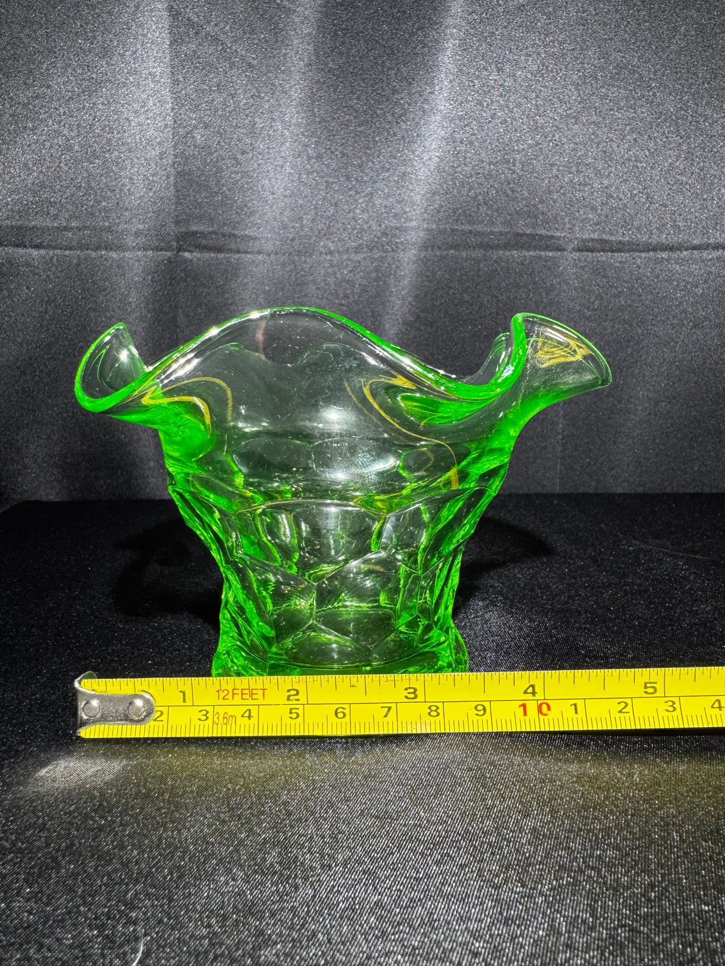 Vintage Uranium Glass Ruffled Bowl Vase Green Vaseline Glass UV Reactive 5.5”
