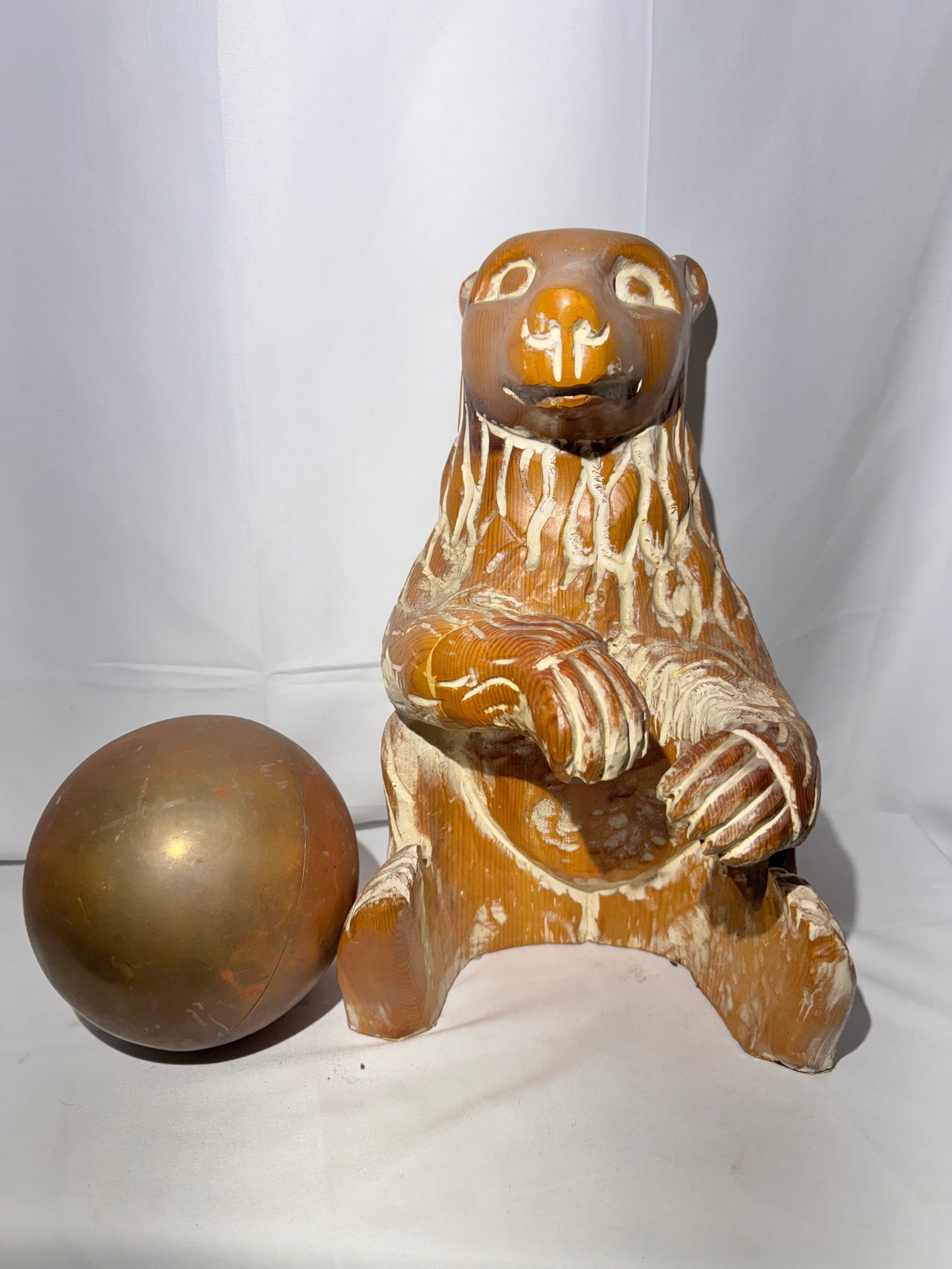 Vintage Hand-Carved Sarreid Ltd. Bear Sculpture Holding Brass Ball – Made in Spain – 1970s