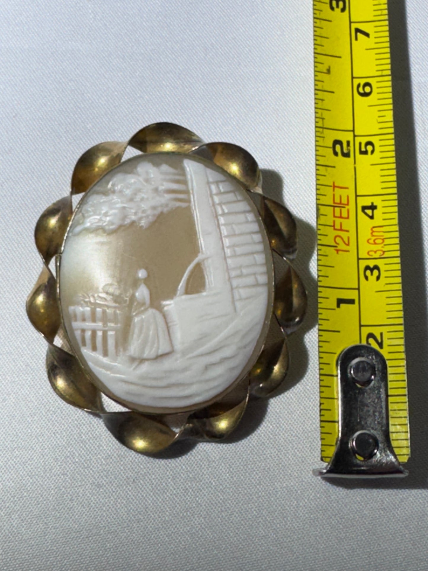 Antique/Vintage Victorian-Style Carved Shell Cameo Brooch – Rebecca at the Well – Gold-Tone Frame