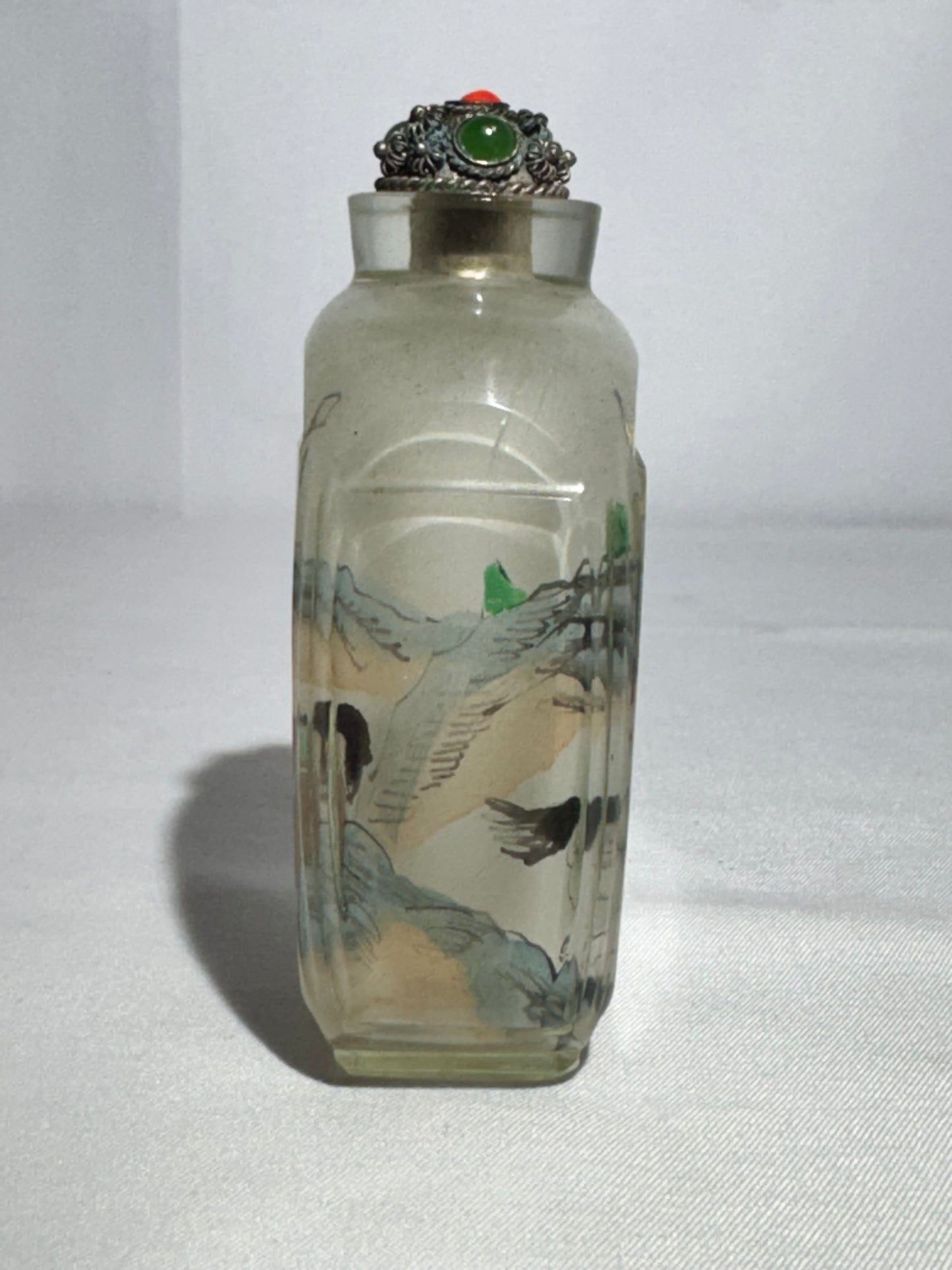 Antique Chinese Inside Painted Glass Snuff Bottle – Man with White Horse & Man Training Brown Horse – Original Metal Topper with Possible Jade & Coral