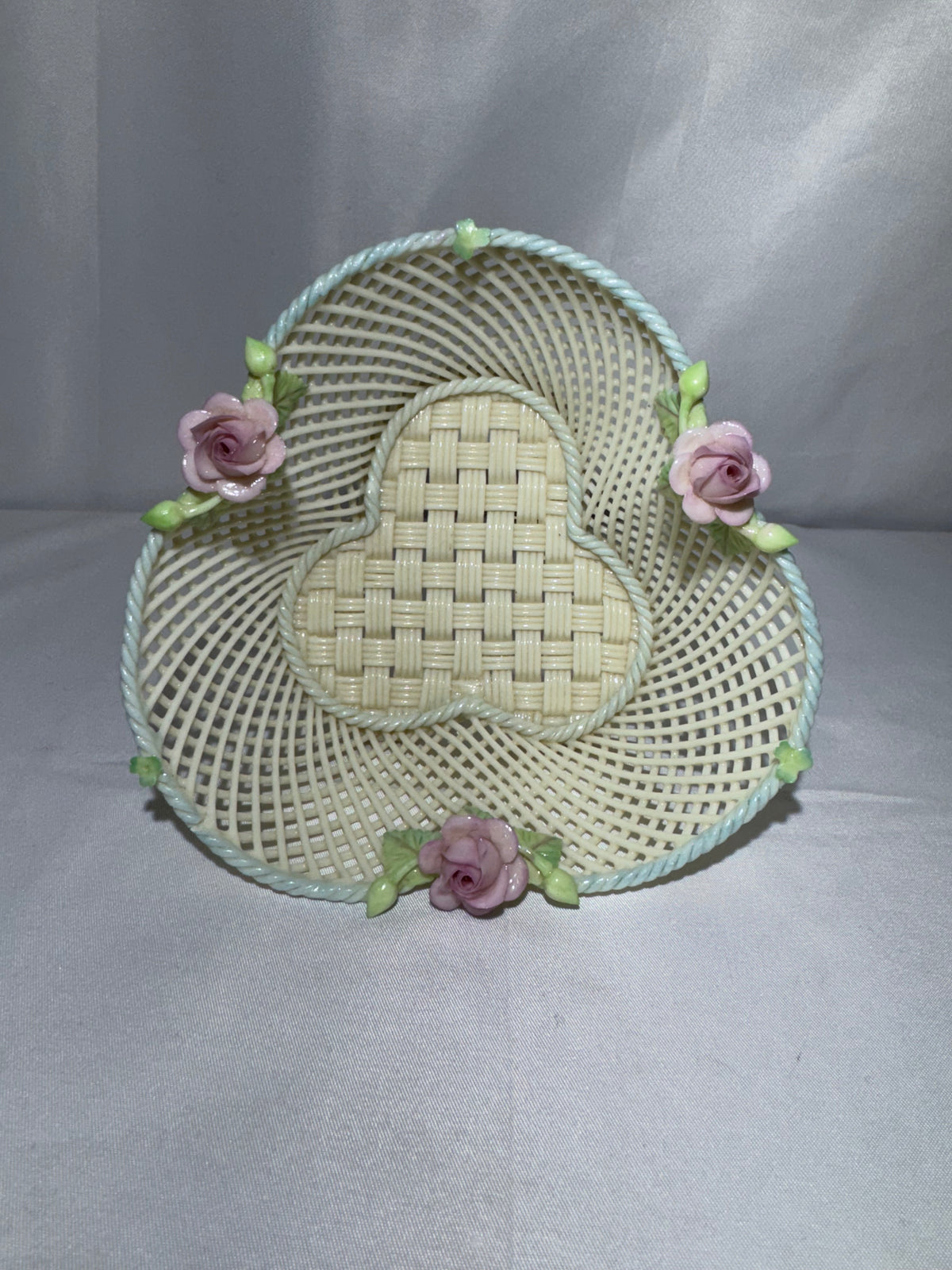 Vintage Irish Belleek Porcelain Four-Strand Woven Basket with Pink Roses – Made in Ireland
