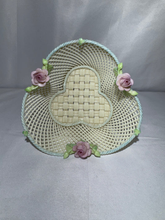 Vintage Irish Belleek Porcelain Four-Strand Woven Basket with Pink Roses – Made in Ireland