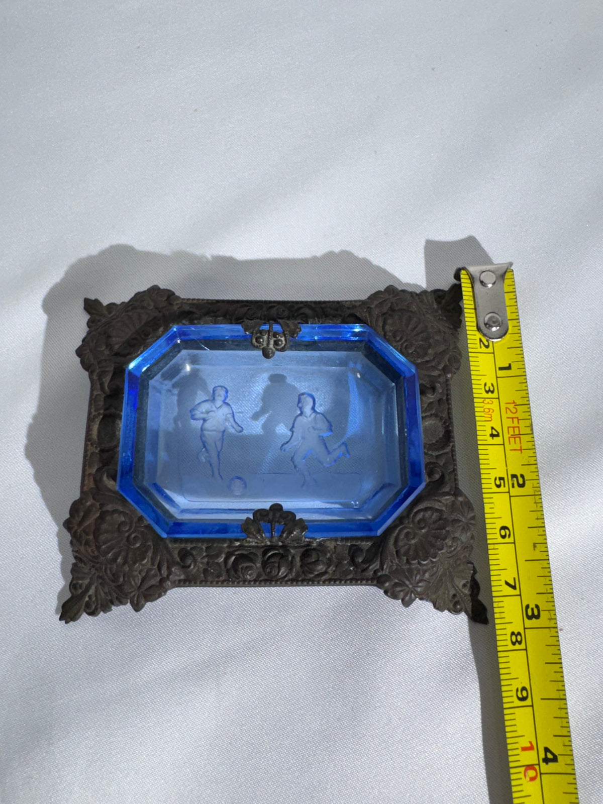 Vintage Art Deco Bohemian Intaglio Glass Open Salt Cellar – Soccer Theme – Ornate Metal Holder – 1920s–1930s