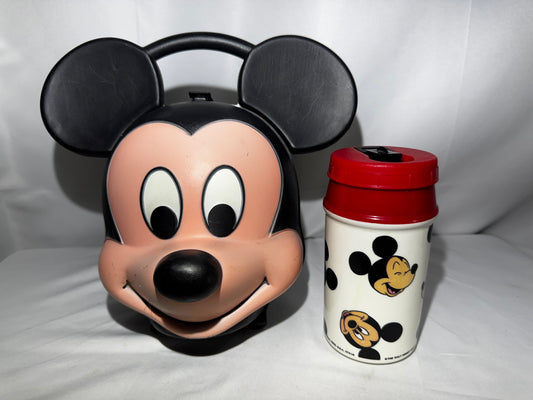Vintage Disney Mickey Mouse Head Lunchbox & Thermos Set Aladdin 3D Molded Plastic