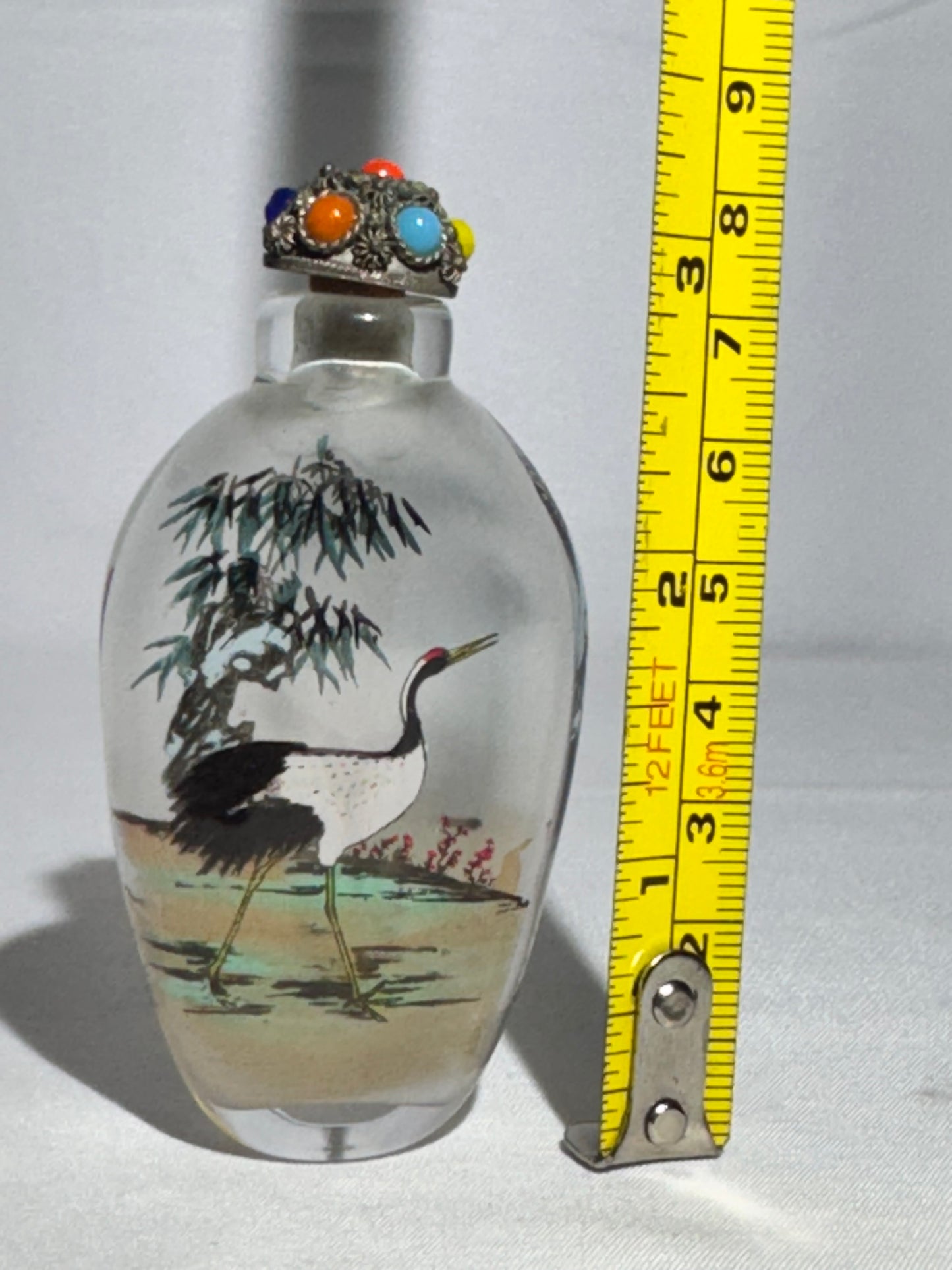 Antique Chinese Inside Painted Glass Snuff Bottle – Dual Crane Design – Jeweled Metal Topper