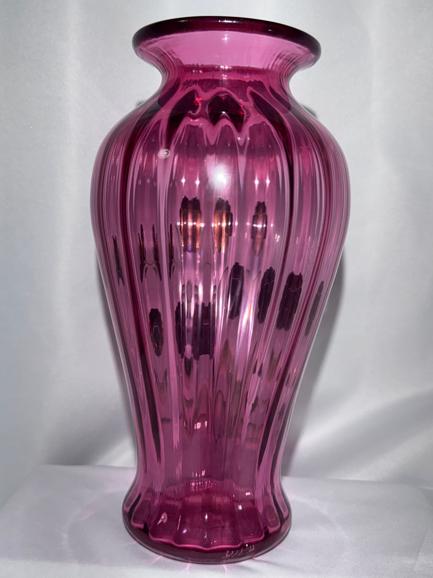 Fenton Pansies on Cranberry Optic Rib Vase 1994 – Hand-Painted – 9”