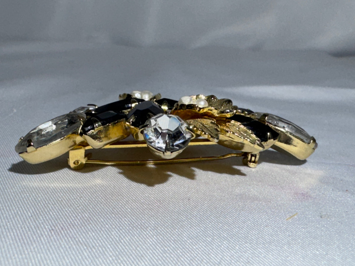 Vintage Weiss Style Black Rhinestone Floral Brooch Faux Pearl Gold Tone Unsigned