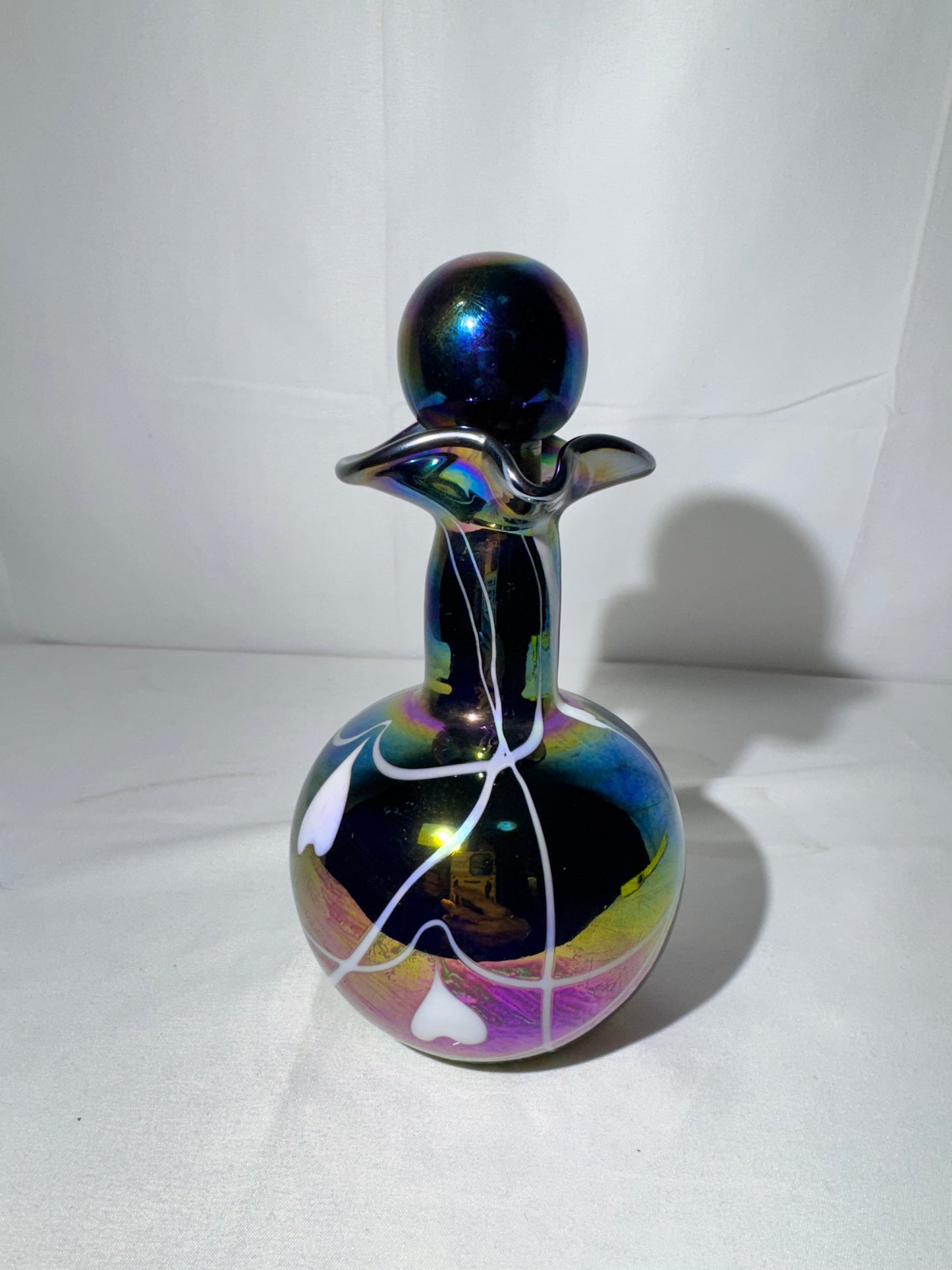 Fenton “Hanging Hearts” Iridescent Glass Cruet with Clear Handle & Iridescent Stopper