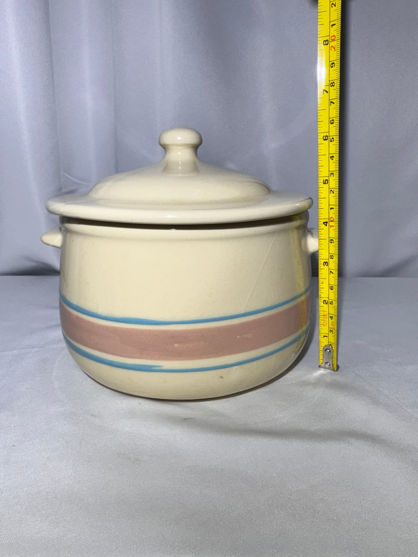 Vintage Nelson McCoy Pottery Stonecraft Covered Casserole Dish – Pink & Blue Stripes – USA-120