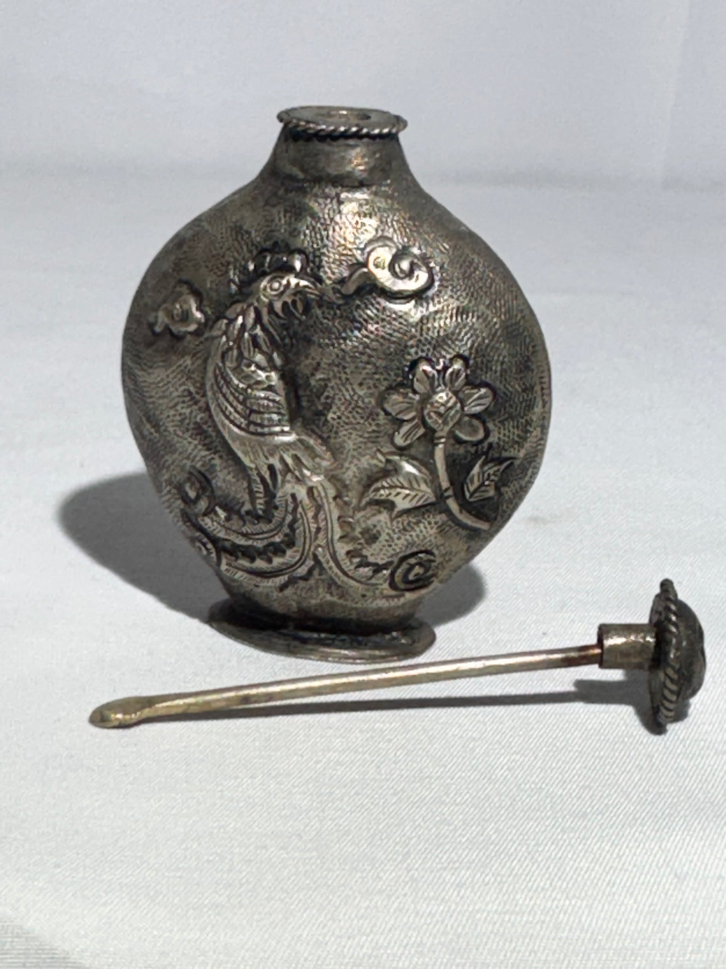 Antique Chinese Snuff Bottle – Repoussé Phoenix & Floral Motif – Hammered Metal Design