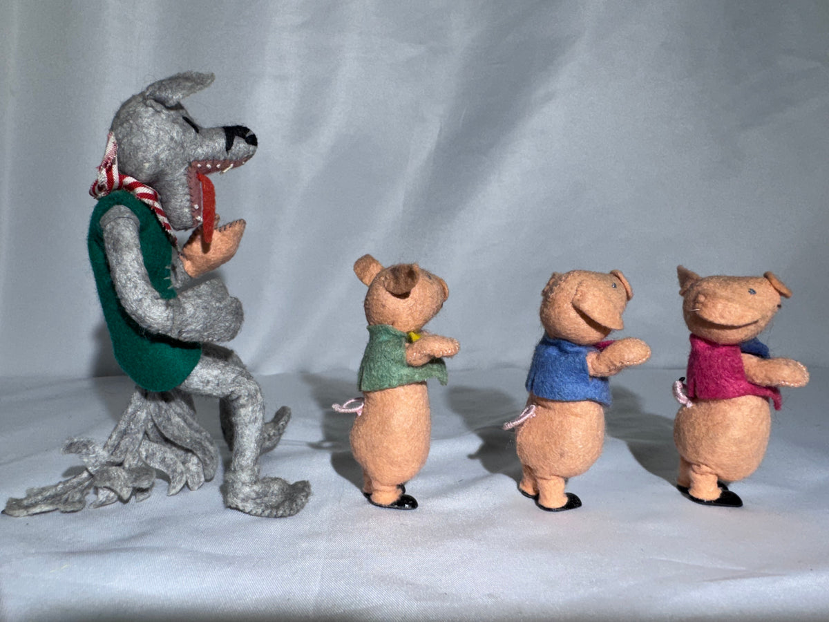 Vintage BAPS Germany Big Bad Wolf & Three Little Pigs Felt Miniature Doll Set – 1940s–1950s