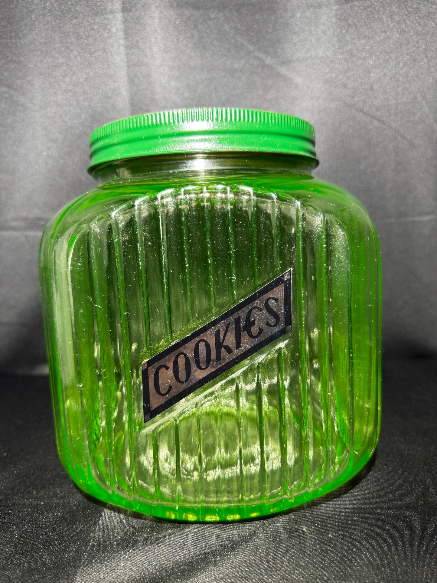 Vintage 1930s Uranium Glass Hoosier Cookie Canister w/ Green Lid & Original Sticker UV Glow