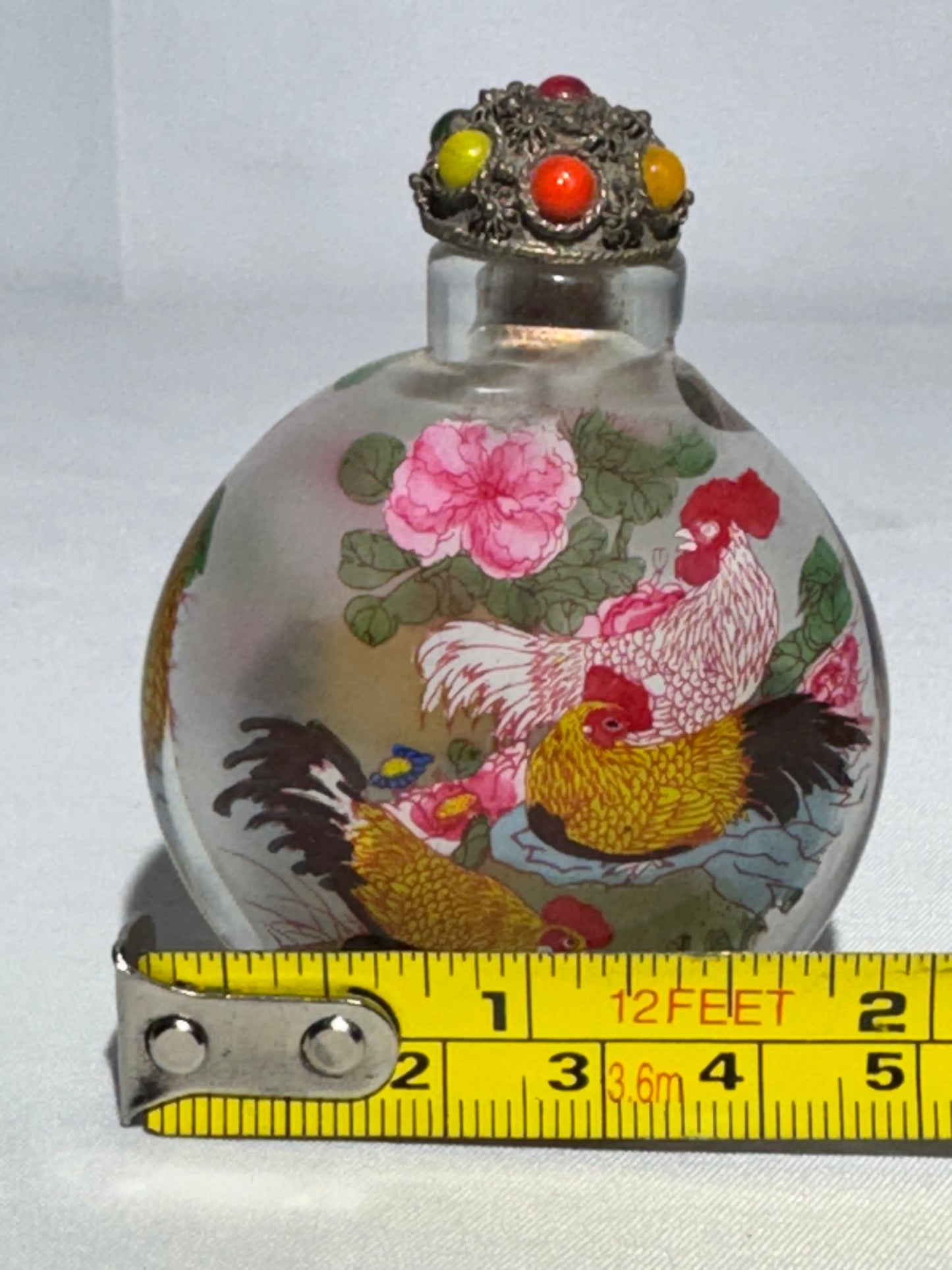 Chinese Reverse Hand Painted Glass Snuff Bottle – Dual Rooster Scene, Oval Shape