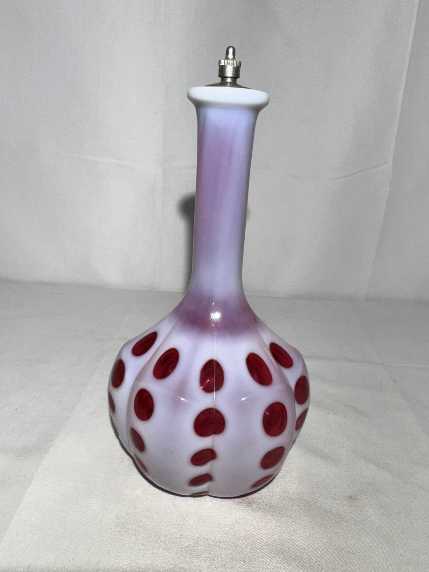 Vintage Cranberry & White Coin Dot Barber Bottle w/ Original Topper