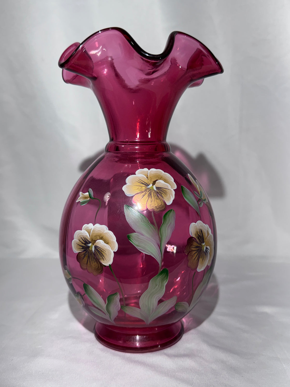 Vintage Fenton Cranberry Art Glass Vase – Hand-Painted Pansy Floral – P. Lane – 9” -1990's