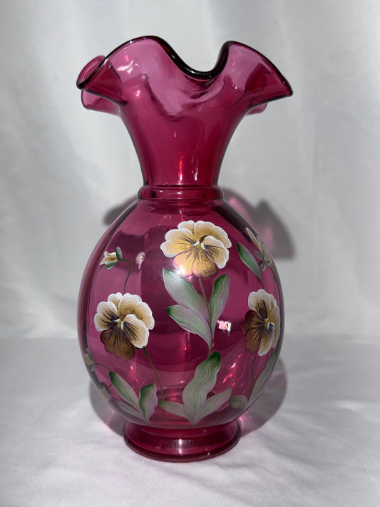 Vintage Fenton Cranberry Art Glass Vase – Hand-Painted Pansy Floral – P. Lane – 9” -1990's