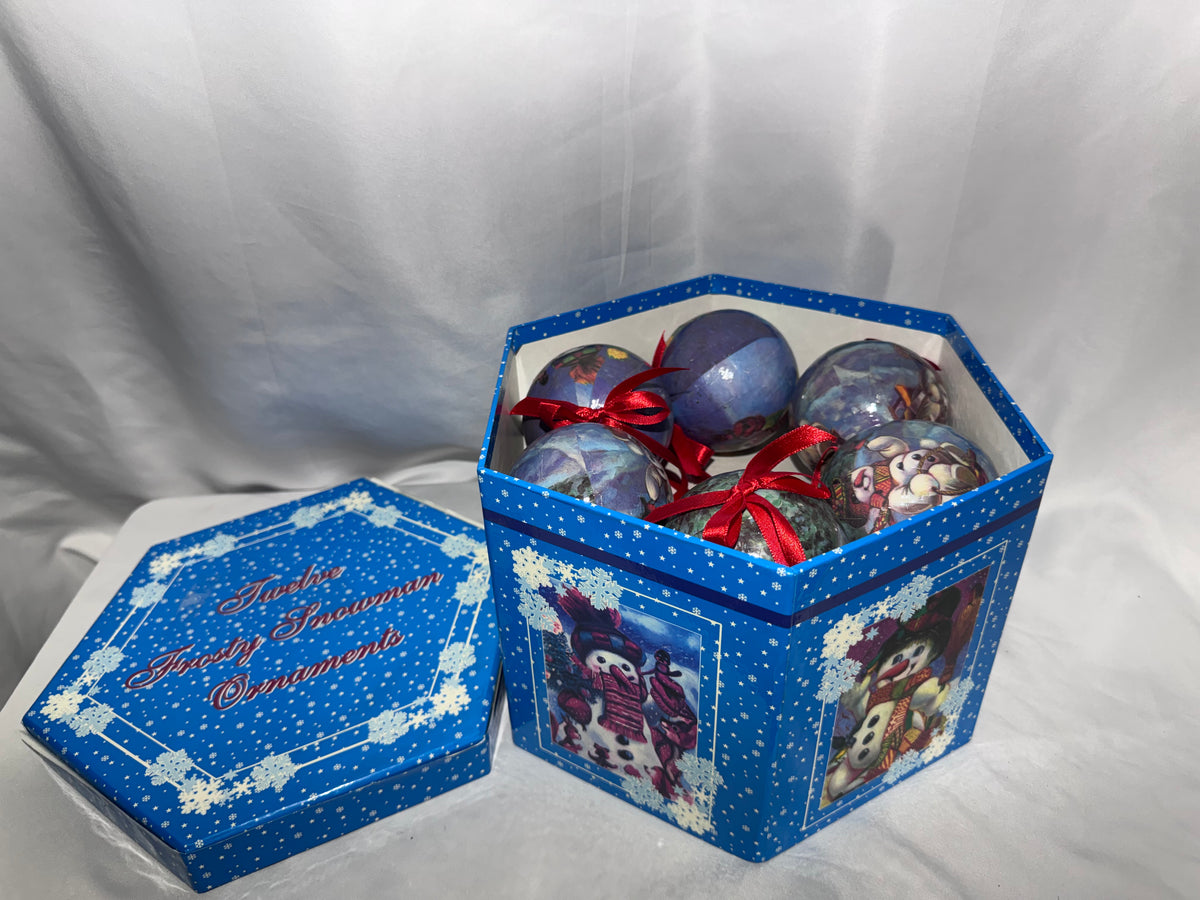 Vintage Frosty Snowman Christmas Ornaments Set of 12 Paper Mache Red Bows w/ Box