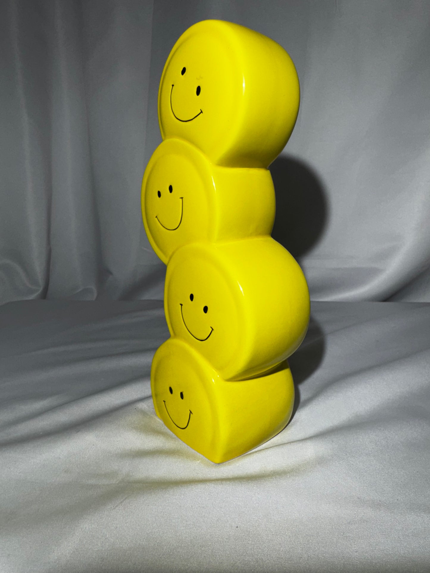 Burton & Burton Yellow Smiley Face Ceramic Vase 4 Stacked Faces Retro 8.5” Tall