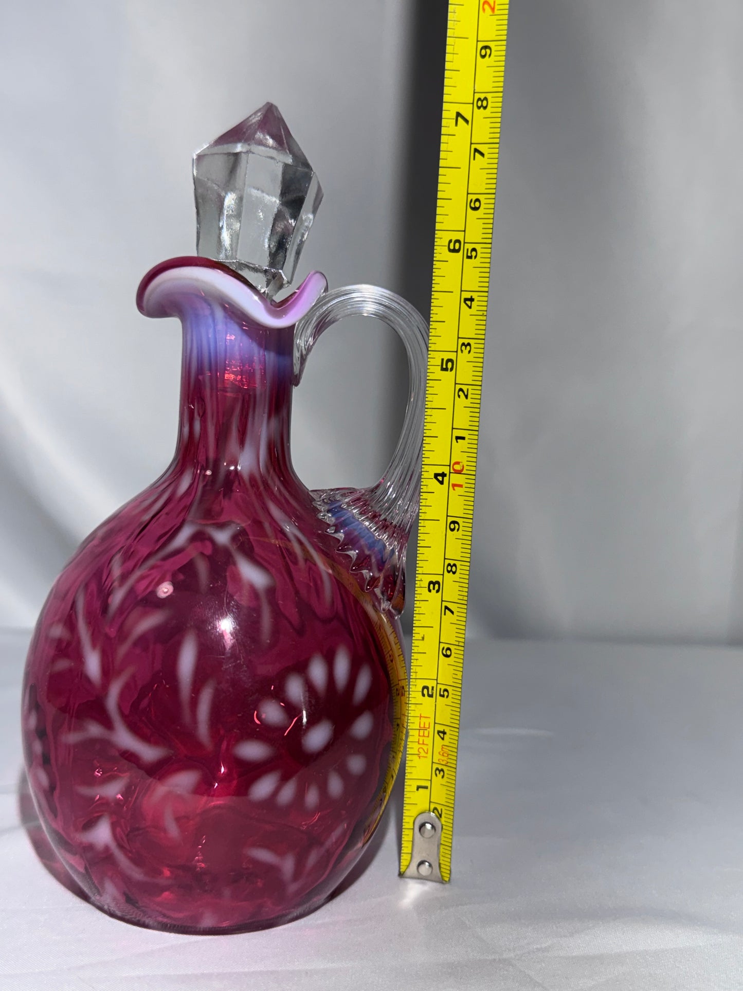Vintage Cranberry Opalescent “Daisy & Fern” Glass Cruet – 7” – Faceted Stopper