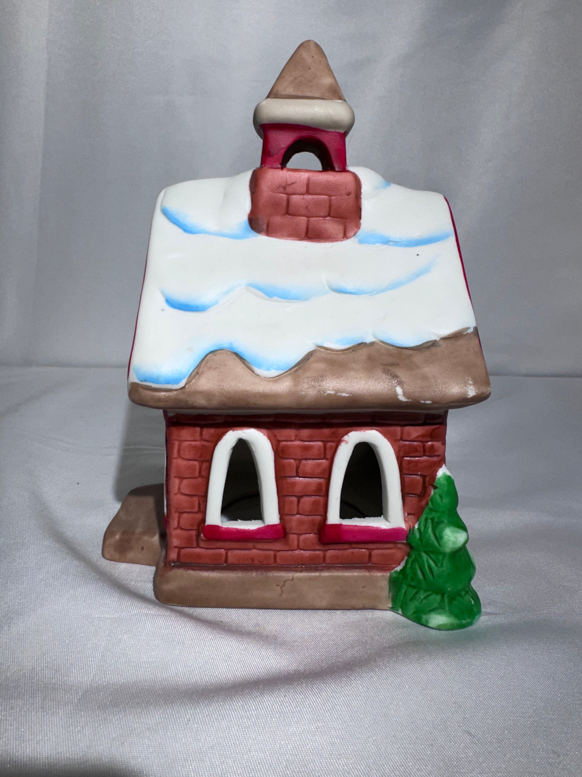 Ceramic Christmas village, church, tea, light candle holder, red brick, snowy roof
