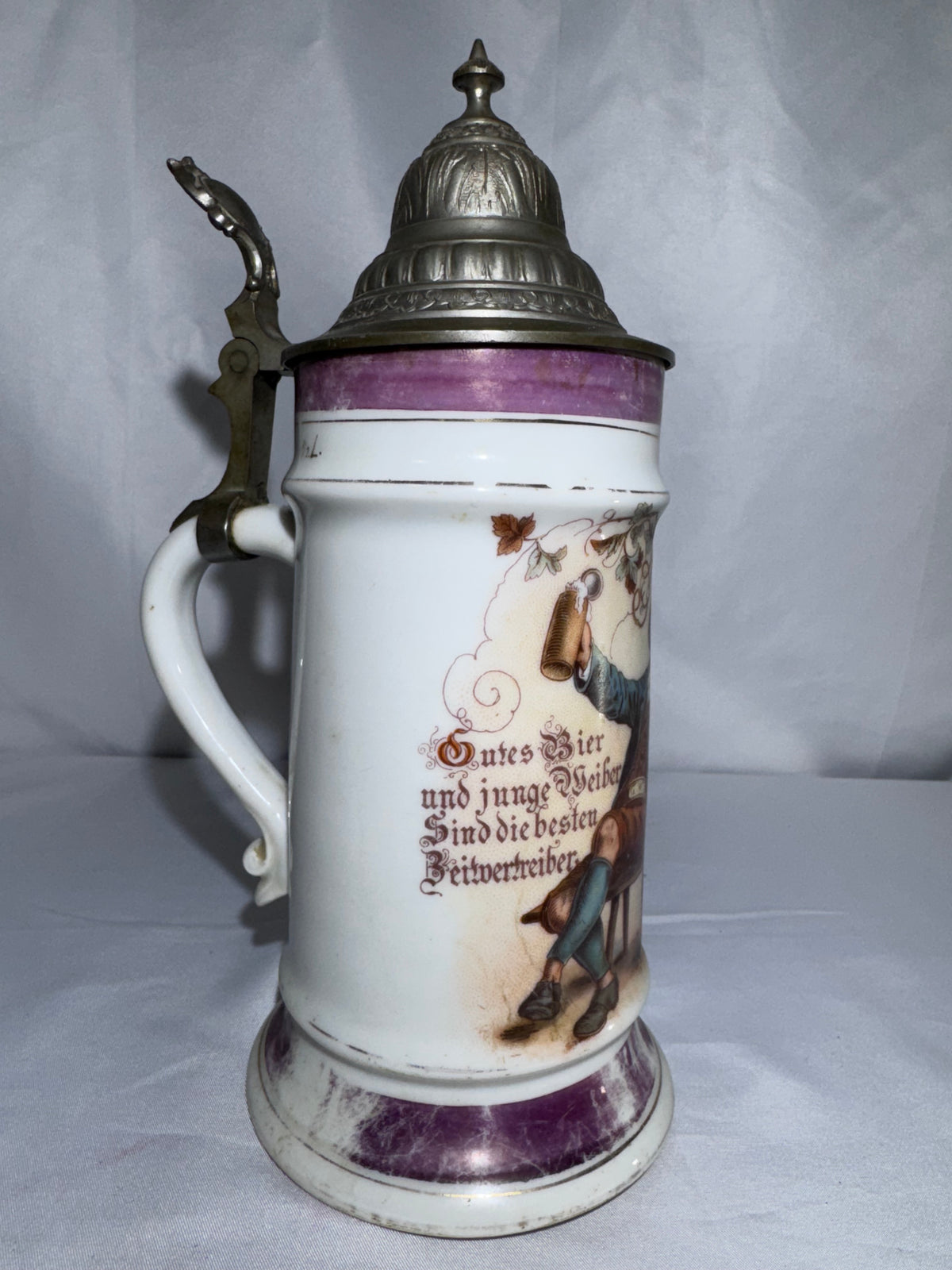 Antique 1800’s German Beer Stein Pewter Hinged Lid Tavern Scene Lithophane Base