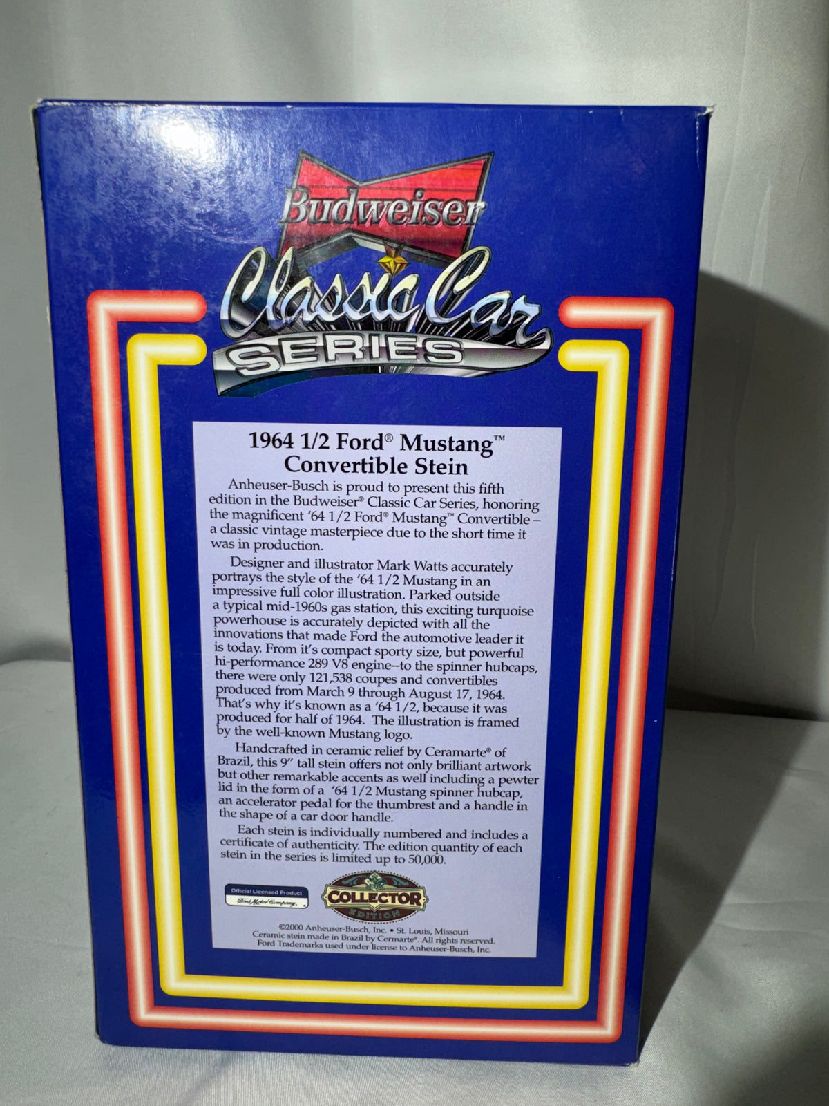 Budweiser 1964 1/2 Ford Mustang Convertible Beer Stein – Classic Car Series – 2000 – Box & COA