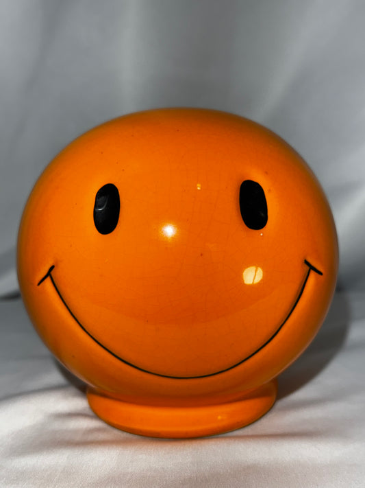 Vintage orange Smiley Face Ceramic Coin Bank