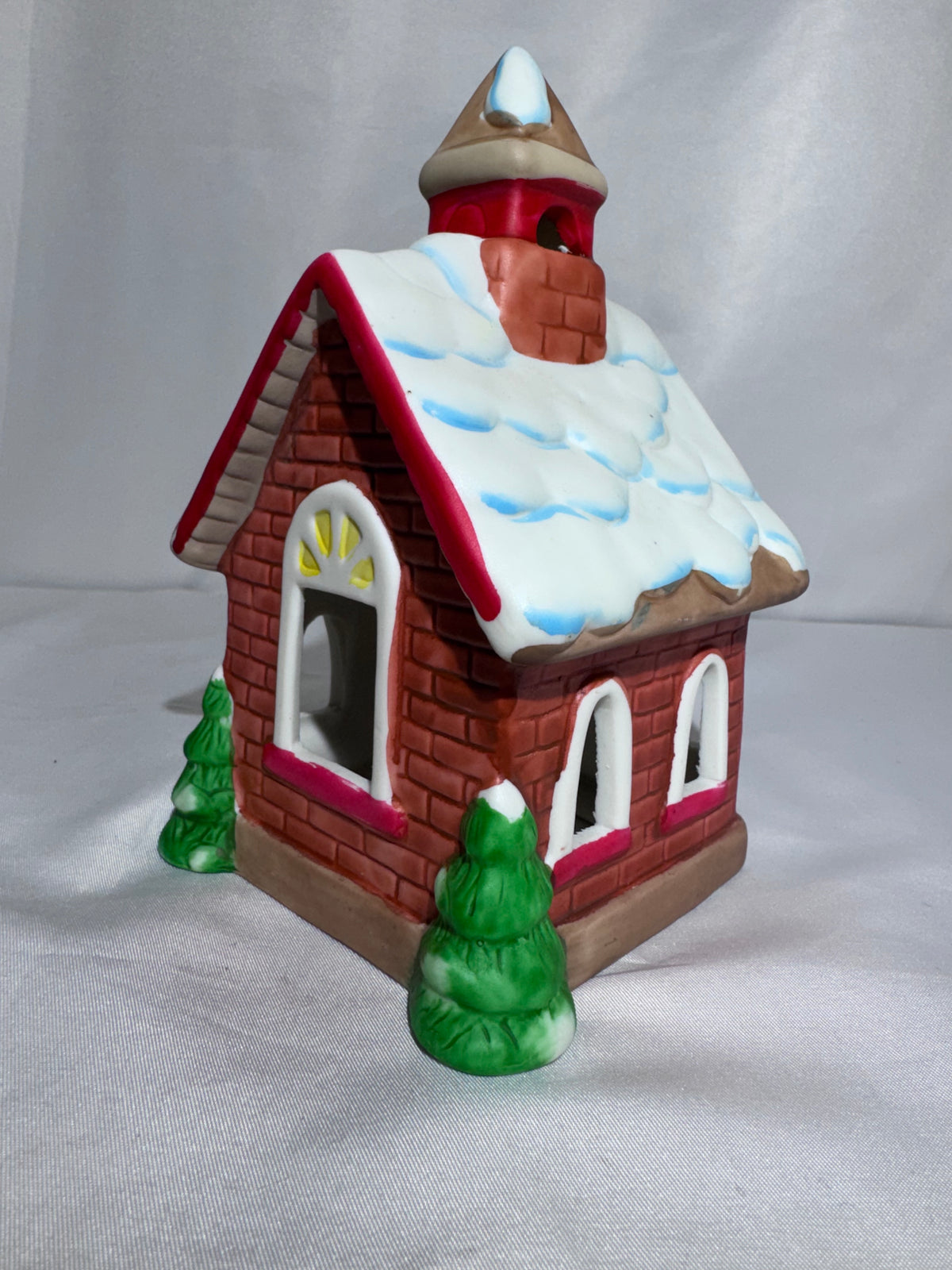 Ceramic Christmas village, church, tea, light candle holder, red brick, snowy roof