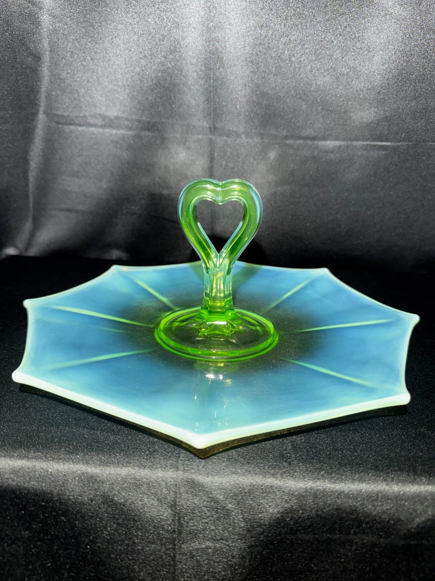 Vintage Uranium Glass Tidbit 12” Tray Heart Handle Bon Bon Dish UV Glow