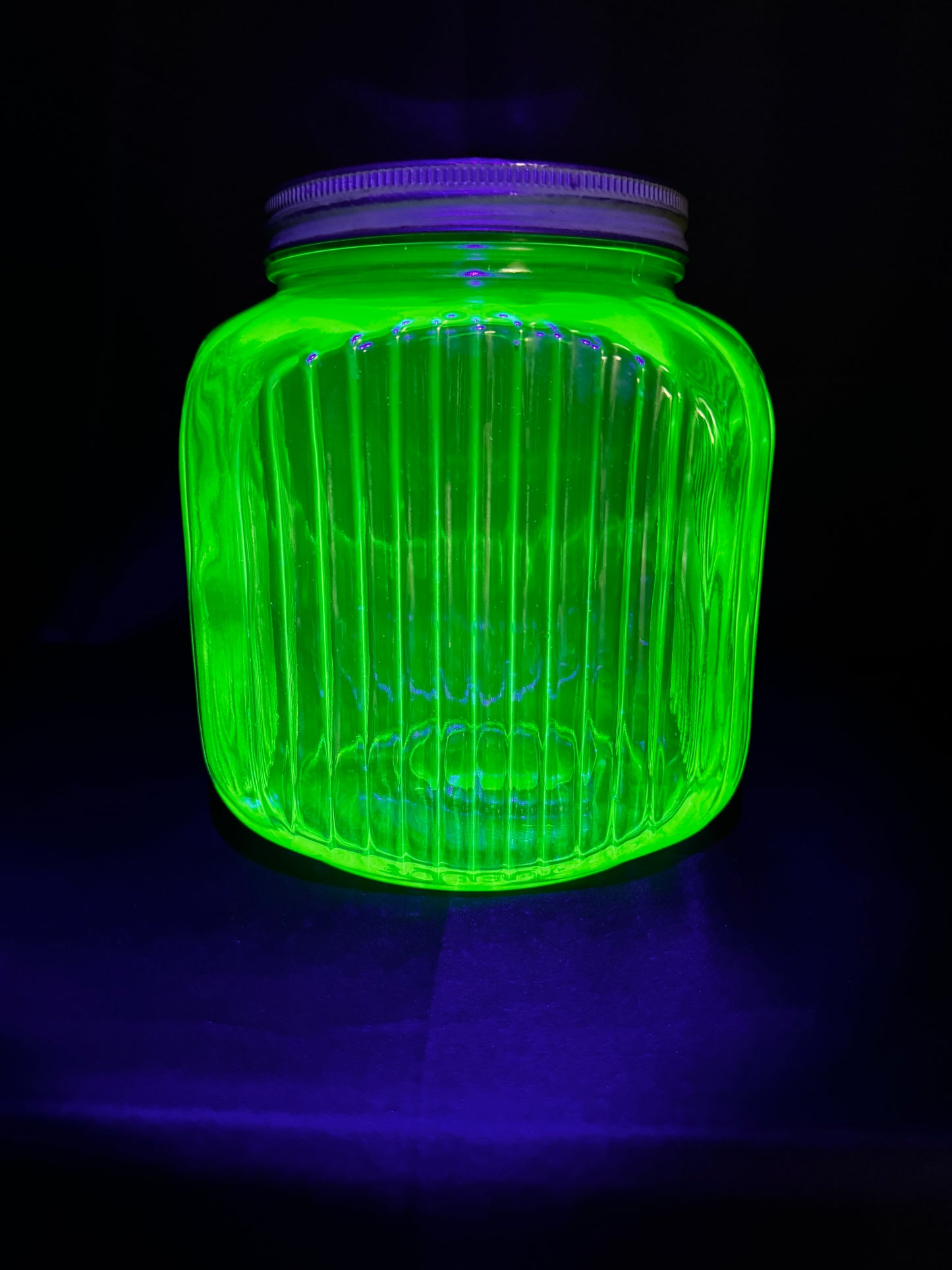 Vintage 1930s Uranium Glass Hoosier Cookie Jar Canister Green Ribbed UV Reactive w/Lid