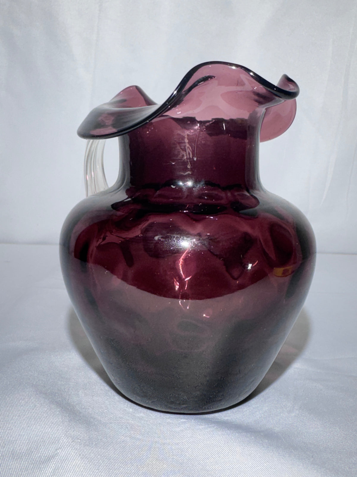 Vintage Hand-Blown Purple Amethyst Glass Coin Dot Small Pitcher / Creamer Ruffled Rim 1940’s-1950’s