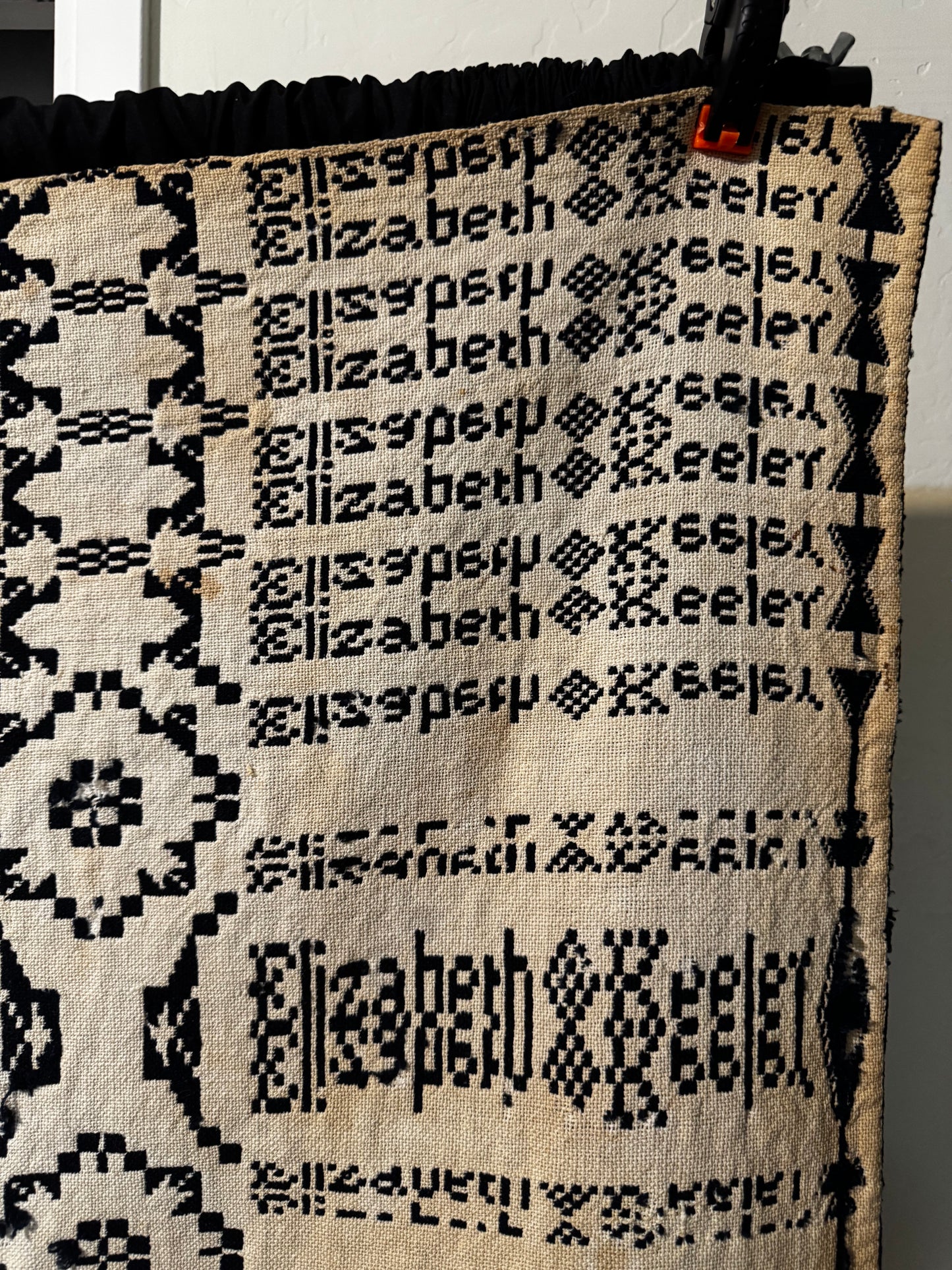 Early 1800s Handwoven Reversible Coverlet – Indigo & Cream – “Elizabeth KEELER” Signed Textile
