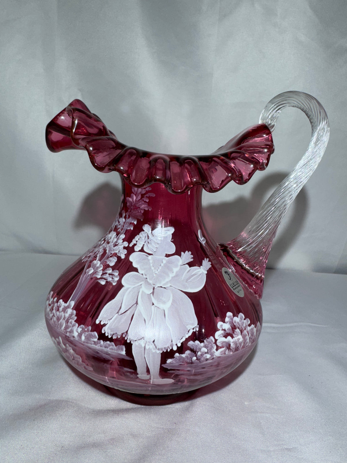 Fenton Cranberry Glass Mary Gregory Style Hand-Painted Pitcher – S. Hart – #1570/2250