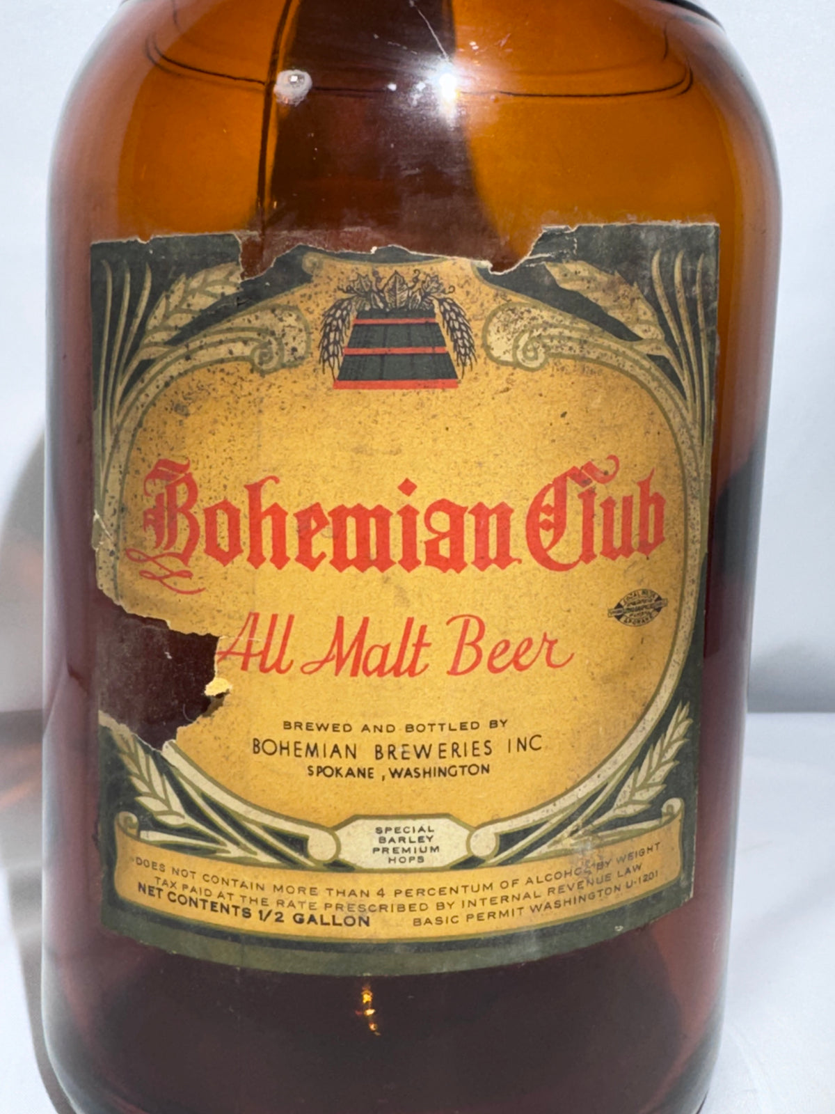 Vintage Bohemian Club All Malt Beer Bottle – Half-Gallon Amber Glass – Spokane, Washington